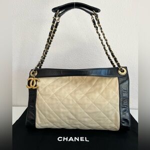 Auth Chanel Beige/Black Calfskin Quilted 'IN THE MIX' Tote Bag